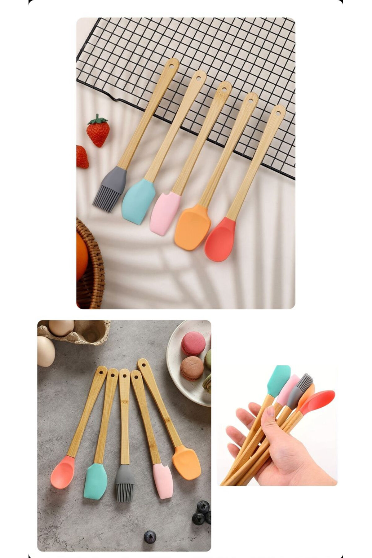 5li Bambu Saplı Silikon Uçlu Fırça, Kaşık, Spatula Servis Seti Karışık