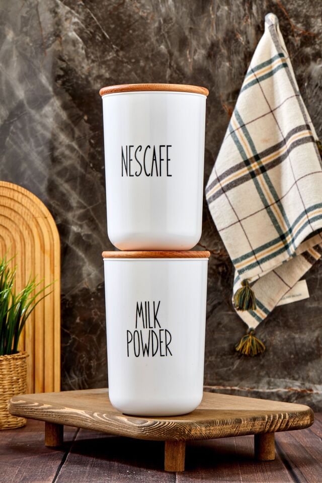 2'li Ahşap Vakum Kapaklı Transfer Etiketli Nescafe/Milk Powder Akrilik Kavanoz 900ml