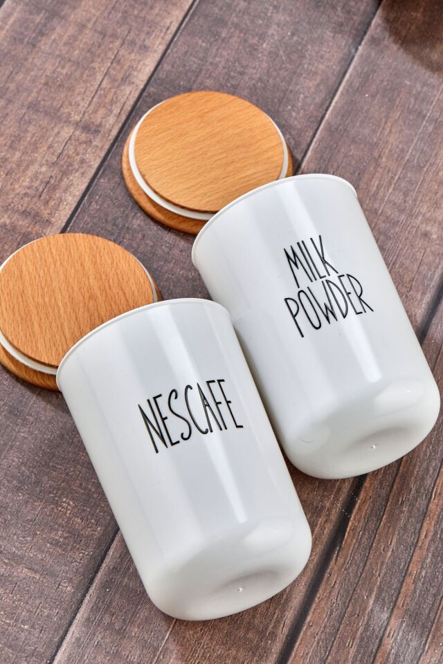 2'li Ahşap Vakum Kapaklı Transfer Etiketli Nescafe/Milk Powder Akrilik Kavanoz 900ml
