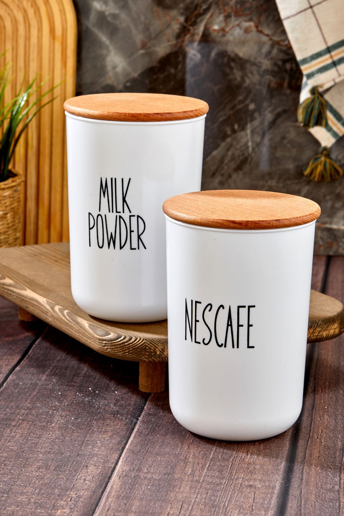 2'li Ahşap Vakum Kapaklı Transfer Etiketli Nescafe/Milk Powder Akrilik Kavanoz 900ml