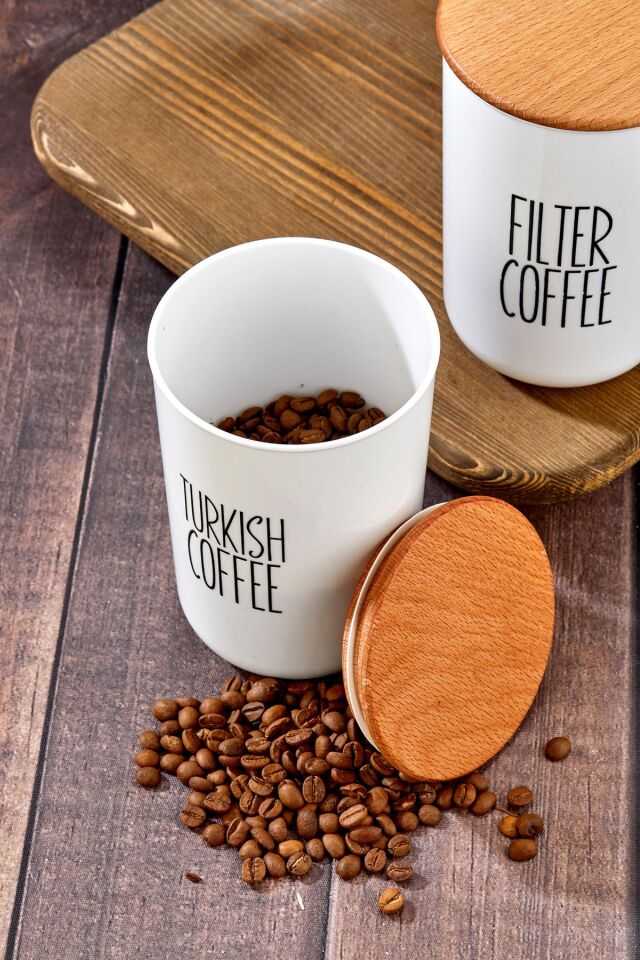 2'li Ahşap Vakum Kapaklı Transfer Etiketli Turkıshcoffe/filtercoffe Akrilik Kavanoz 900ml