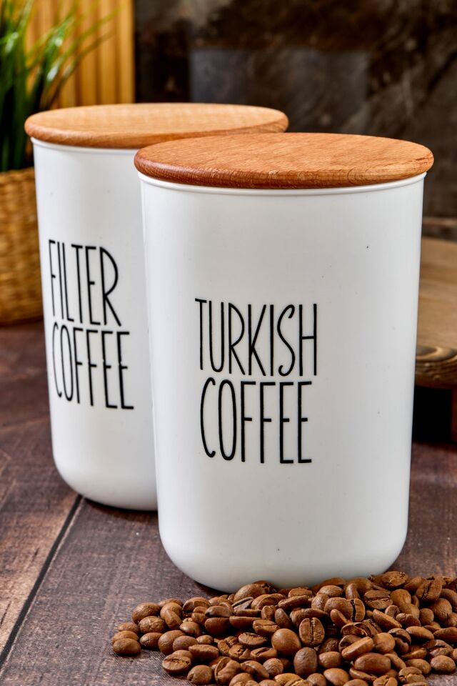 2'li Ahşap Vakum Kapaklı Transfer Etiketli Turkıshcoffe/filtercoffe Akrilik Kavanoz 900ml