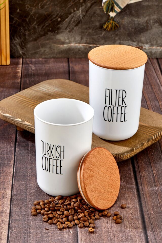 2'li Ahşap Vakum Kapaklı Transfer Etiketli Turkıshcoffe/filtercoffe Akrilik Kavanoz 900ml
