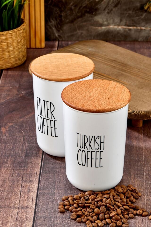 2'li Ahşap Vakum Kapaklı Transfer Etiketli Turkıshcoffe/filtercoffe Akrilik Kavanoz 900ml