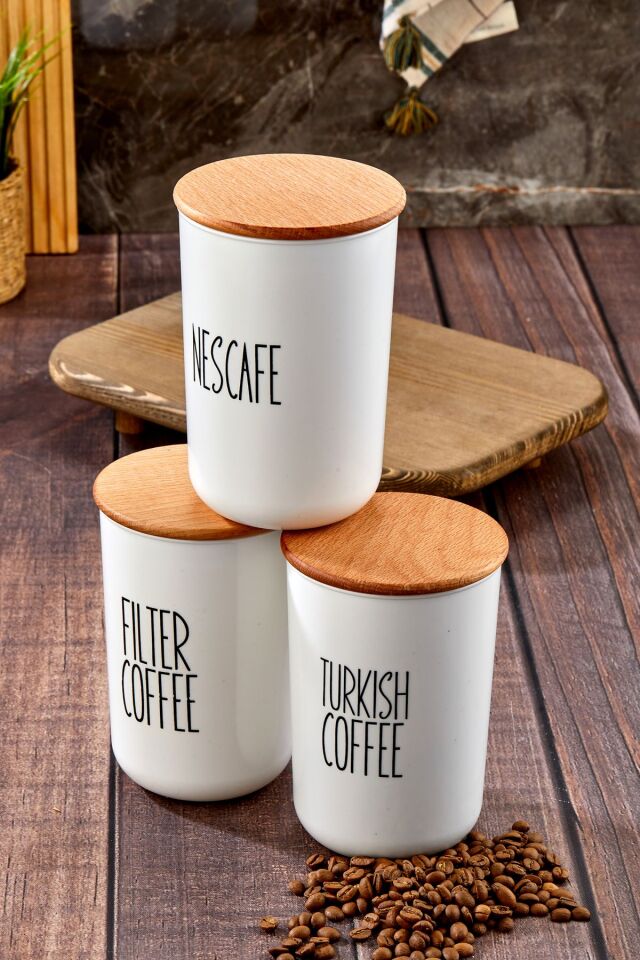 3'lü Ahşap Vakum Kapaklı Transfer Etiketli Turkıshcoffe/Filtercoffe/Nescafe Akrilik Kavanoz 900ml