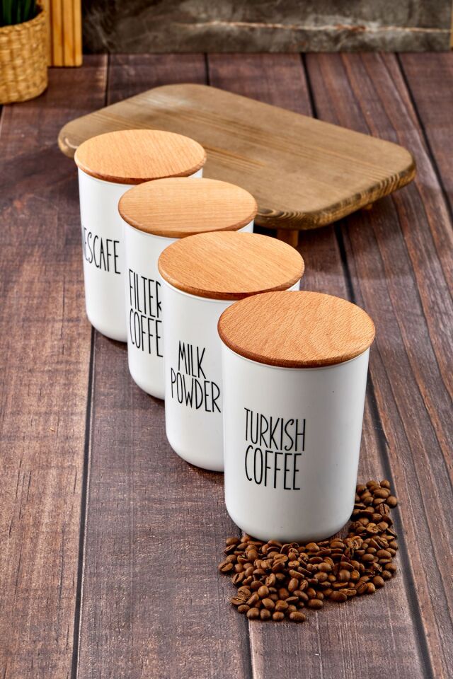 4'lü Ahşap Kapaklı Transfer Etiketlturkısh-fılter-nescafe-milkpowder Mika Kavanoz 900ml.cam Değil.