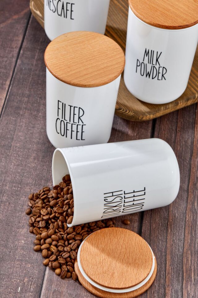 4'lü Ahşap Kapaklı Transfer Etiketlturkısh-fılter-nescafe-milkpowder Mika Kavanoz 900ml.cam Değil.
