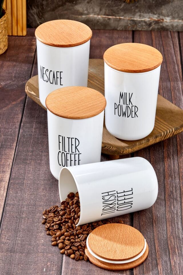 4'lü Ahşap Kapaklı Transfer Etiketlturkısh-fılter-nescafe-milkpowder Mika Kavanoz 900ml.cam Değil.