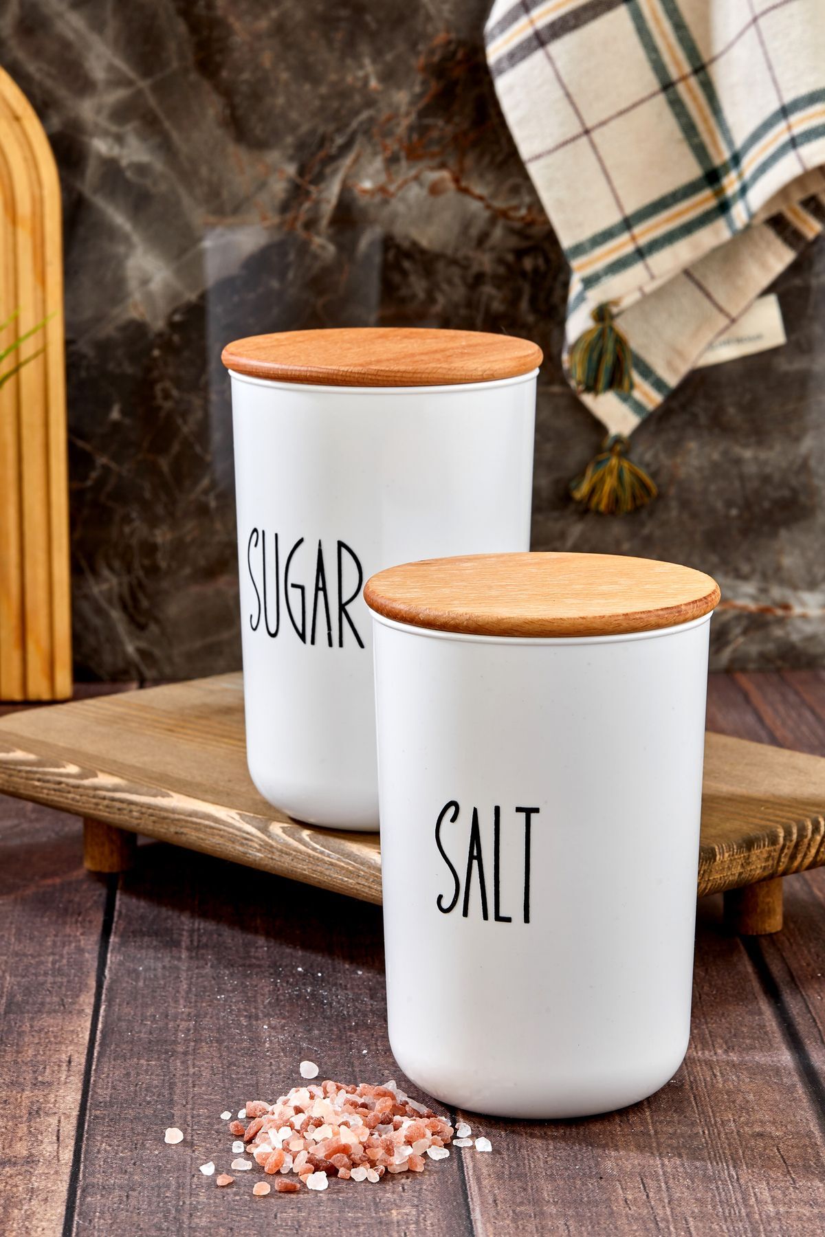 2'lü Ahşap Vakum Kapaklı Transfer Etiketli Salt/Sugar Akrilik Kavanoz 900ml