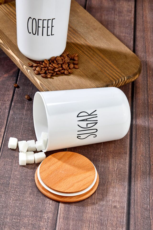 2'lü Ahşap Vakum Kapaklı Transfer Etiketli Coffe/Sugar Akrilik Kavanoz 900ml
