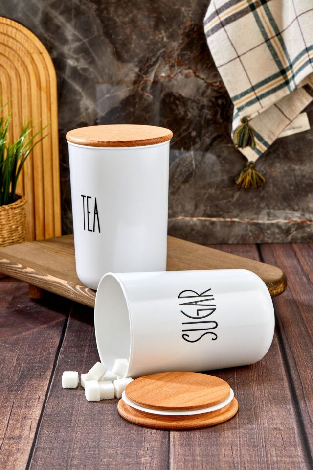 2'li Ahşap Vakum Kapaklı Transfer Etiketli Tea/sugar Akrilik Kavanoz 900ml