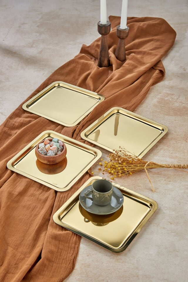 4 Adet Lüx Kare Paslanmaz Çelik Gold Renk 21x21cm Kahve Servis Sunum Tepsisi&tabağı Altın