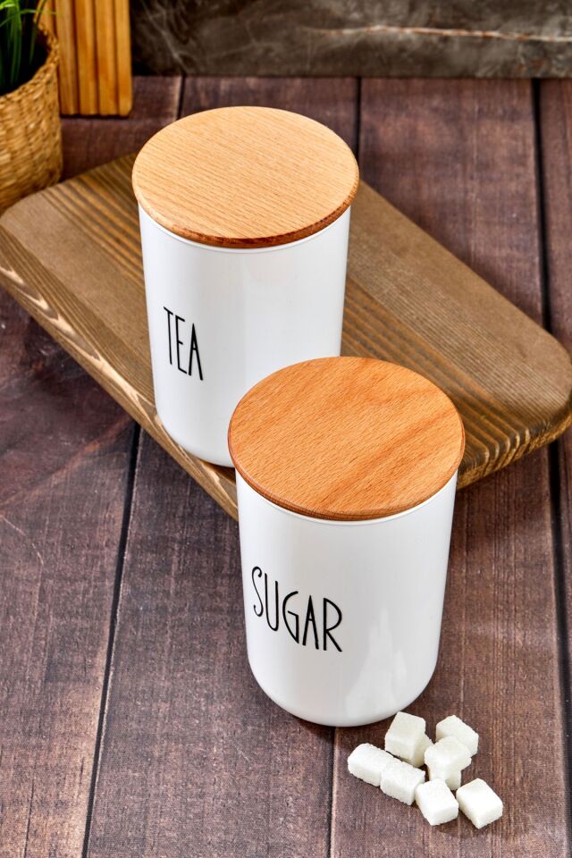 2'li Ahşap Vakum Kapaklı Transfer Etiketli Tea/sugar Akrilik Kavanoz 900ml