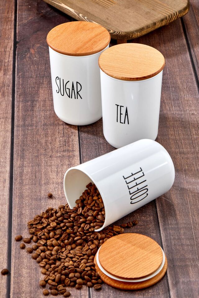 3'lü Ahşap Vakum Kapaklı Transfer Etiketli Akrilik (PLASTİK) Tea/sugar/coffe Kavanoz 900ml