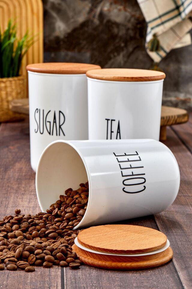 3'lü Ahşap Vakum Kapaklı Transfer Etiketli Akrilik (PLASTİK) Tea/sugar/coffe Kavanoz 900ml
