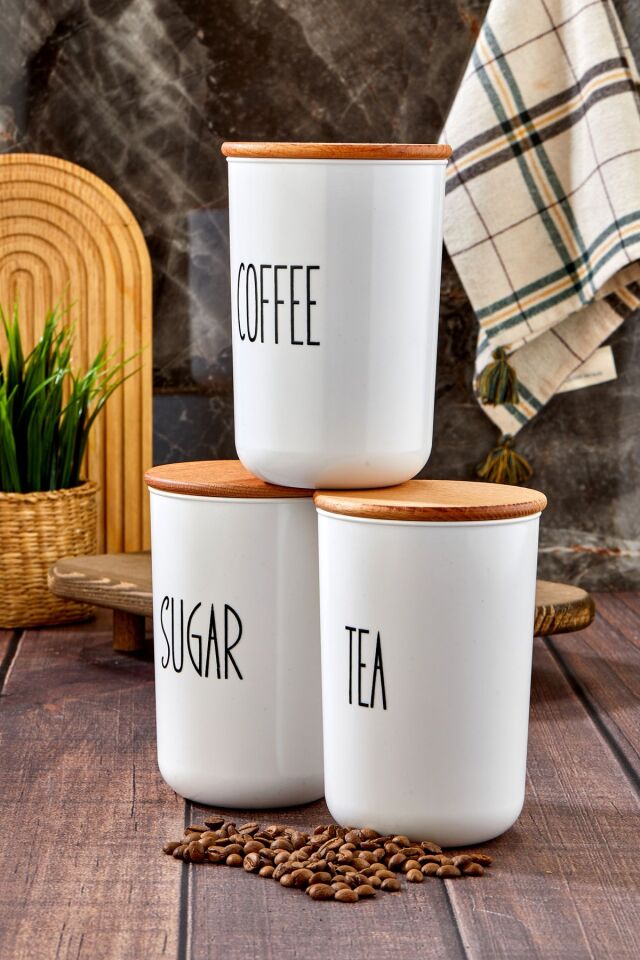 3'lü Ahşap Vakum Kapaklı Transfer Etiketli Akrilik (PLASTİK) Tea/sugar/coffe Kavanoz 900ml