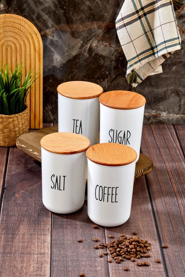 4'lü Ahşap Vakum Kapaklı Transfer Etiketli Akrilik (PLASTİK)tea/sugar/coffe/salt Kavanoz 900ml