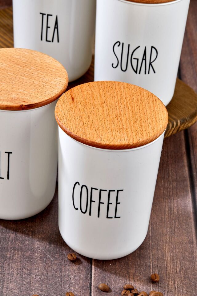 4'lü Ahşap Vakum Kapaklı Transfer Etiketli Akrilik (PLASTİK)tea/sugar/coffe/salt Kavanoz 900ml
