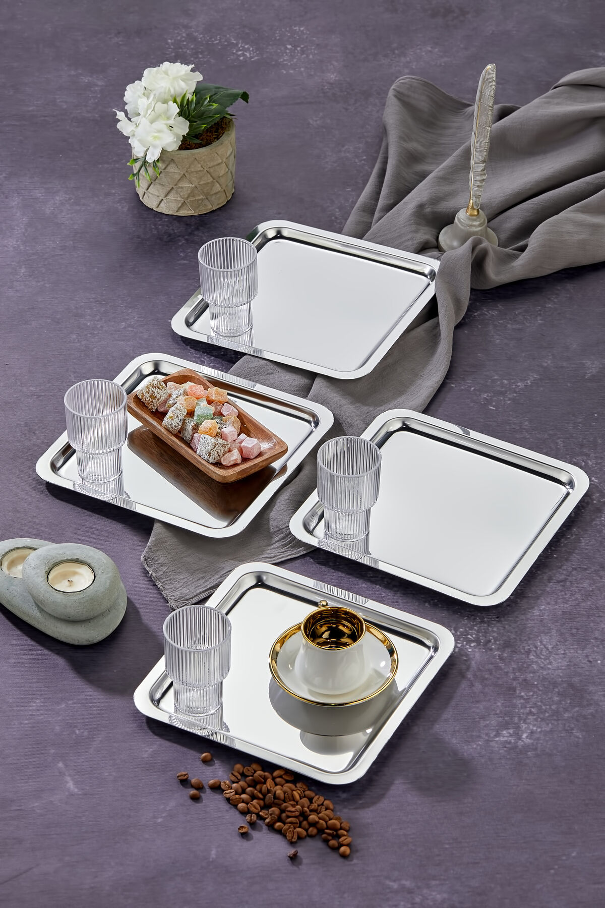 4'lü Lüx Kare Paslanmaz Çelik Gümüş Renk 21x21cm Kahve Servis Sunum Tepsisi&tabağı Gümüş