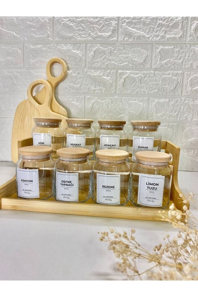8'li 300ml  Ahşap Kapaklı  Bambu Stantlı  300ml Cam Baharatlık, Etiketli Saklama Kavanozu