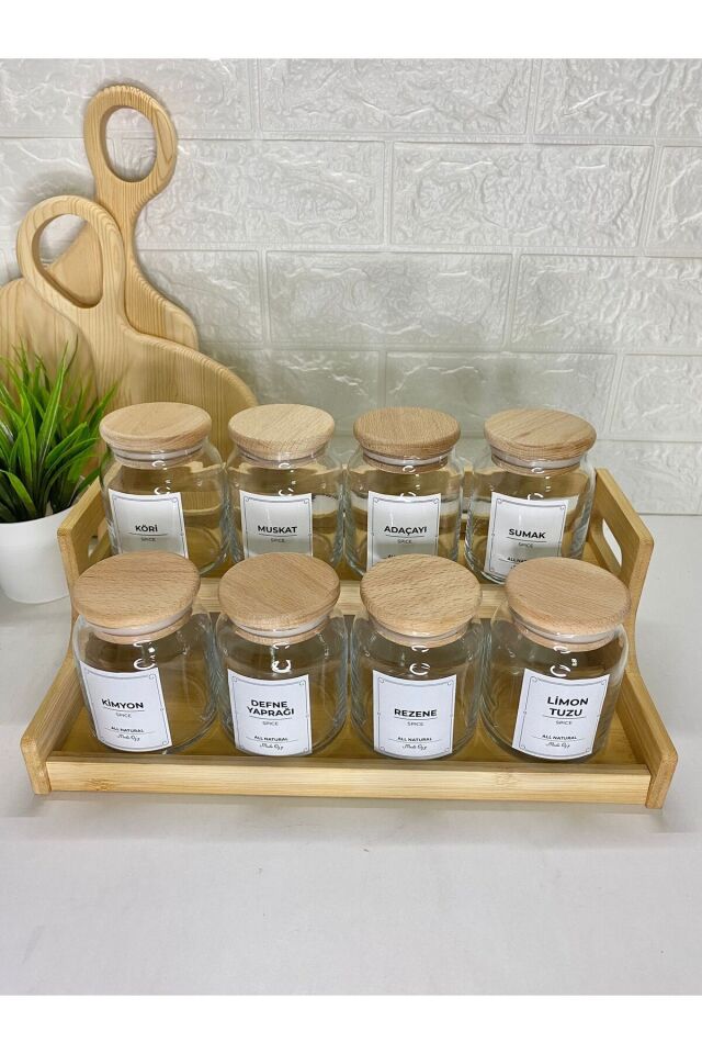 8'li 300ml  Ahşap Kapaklı  Bambu Stantlı  300ml Cam Baharatlık, Etiketli Saklama Kavanozu