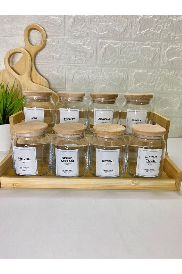 8'li 300ml  Ahşap Kapaklı  Bambu Stantlı  300ml Cam Baharatlık, Etiketli Saklama Kavanozu