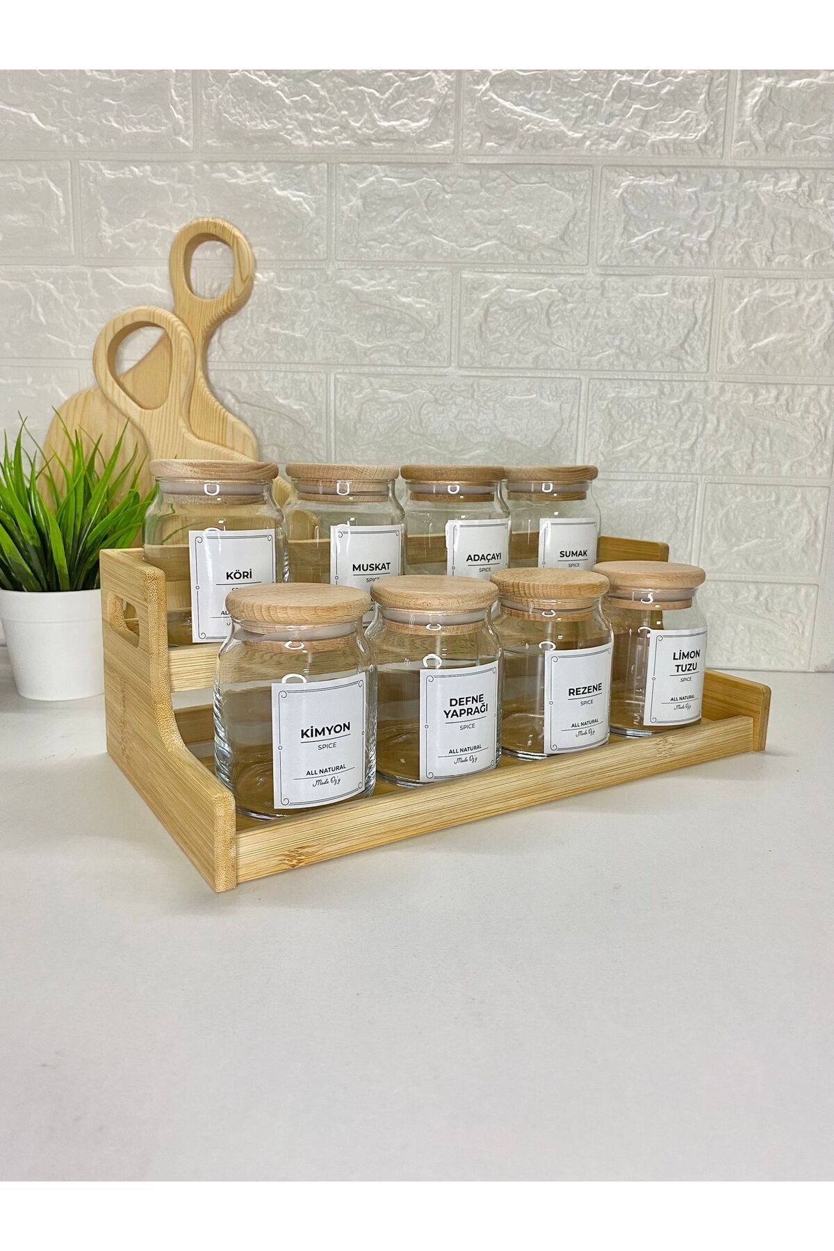 8'li 300ml  Ahşap Kapaklı  Bambu Stantlı  300ml Cam Baharatlık, Etiketli Saklama Kavanozu