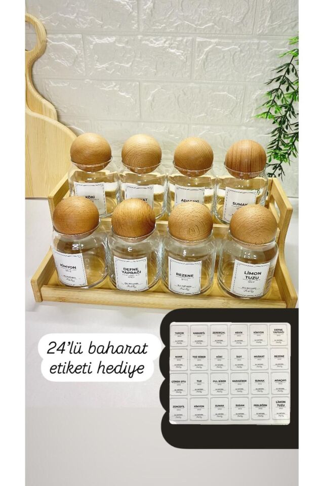 8'li 300ml  Top Kapaklı  Bambu Stantlı  300ml Cam Baharatlık, Etiketli Saklama Kavanozu