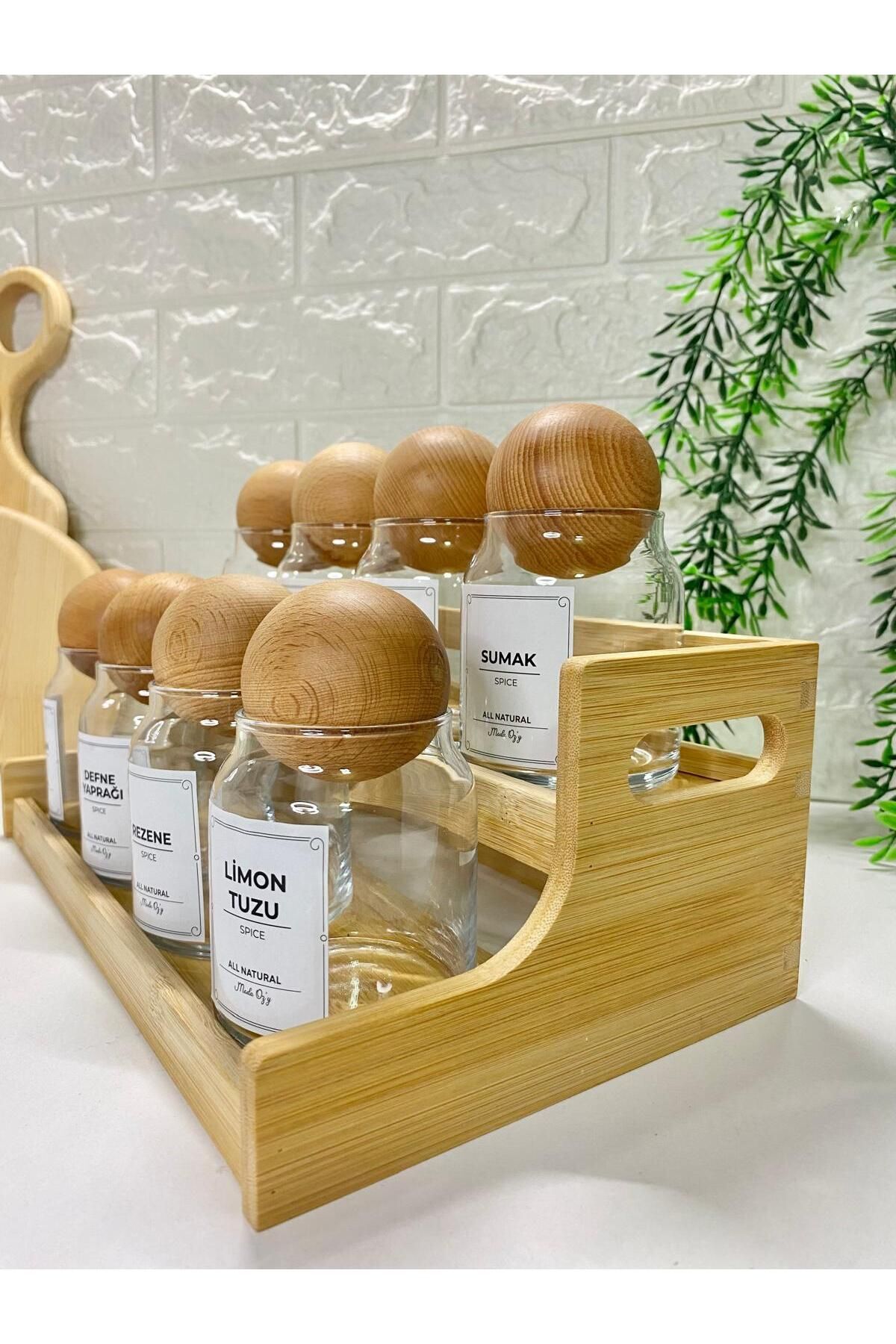 8'li 300ml  Top Kapaklı  Bambu Stantlı  300ml Cam Baharatlık, Etiketli Saklama Kavanozu