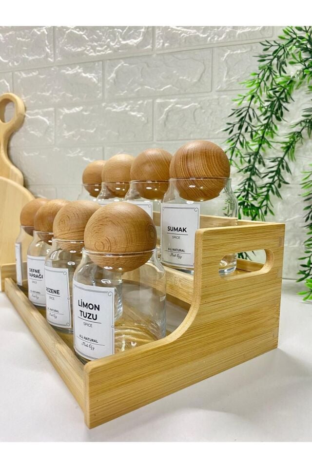 8'li 300ml  Top Kapaklı  Bambu Stantlı  300ml Cam Baharatlık, Etiketli Saklama Kavanozu