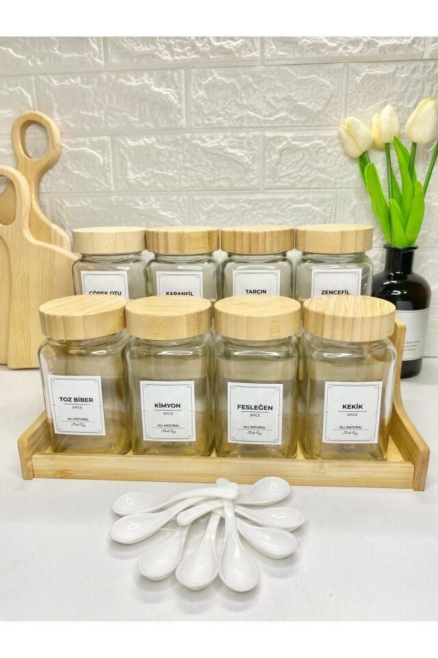 8'li 500ml Bambu Kapaklı - Bambu İki Katlı Stantlı Baharat Seti Etiketli Baharatlık