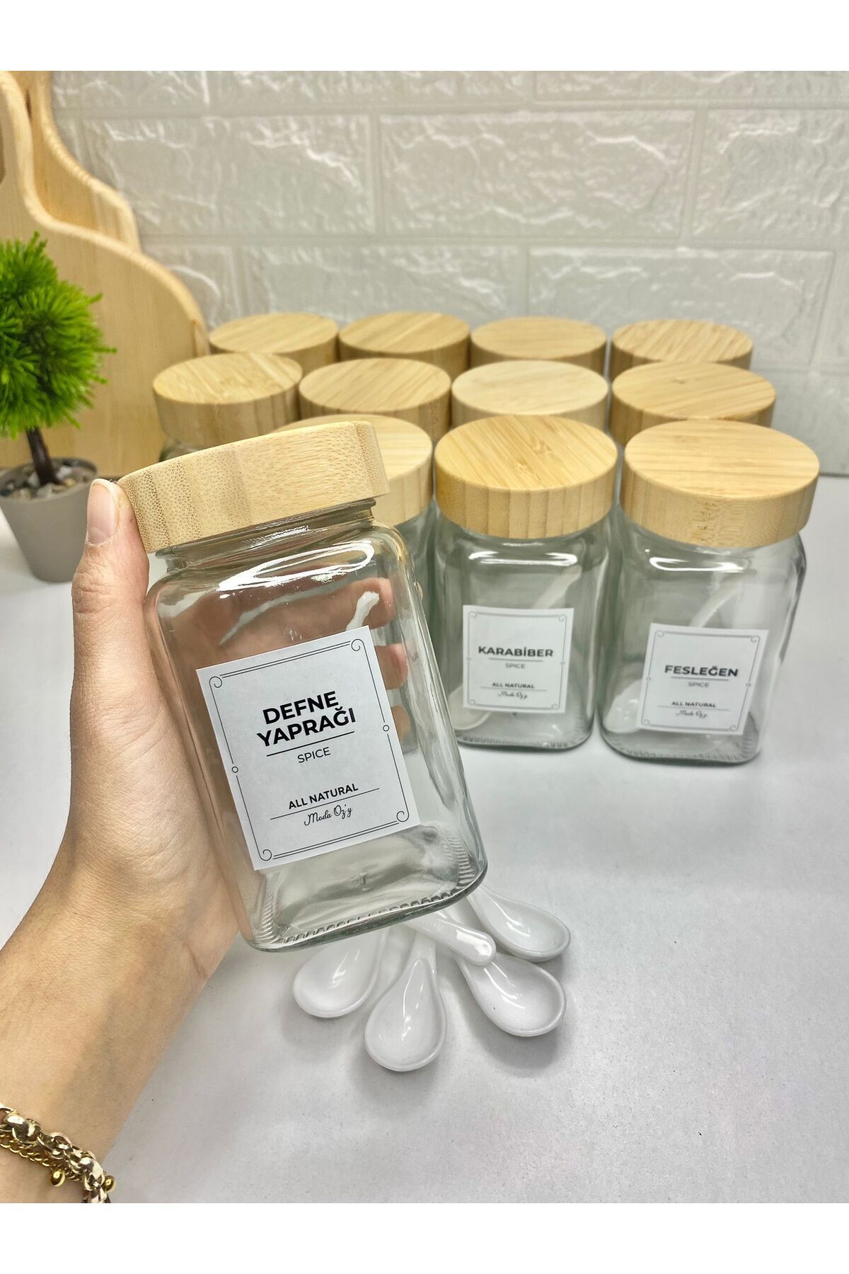 12'li 500ml Bambu Kapaklı Baharat Seti Kaşıklı Etiketli Baharatlık