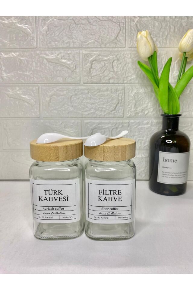 2'li Bambu Kapaklı Türk Kahvesi/Filtre Kahve Etiketli 500 ml Kavanoz (Kaşık Hediyeli)