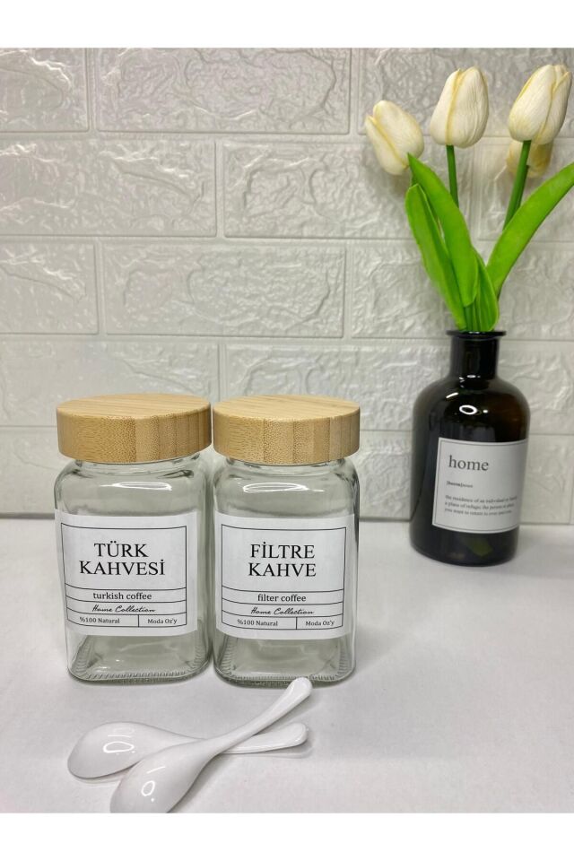 2'li Bambu Kapaklı Türk Kahvesi/Filtre Kahve Etiketli 500 ml Kavanoz (Kaşık Hediyeli)