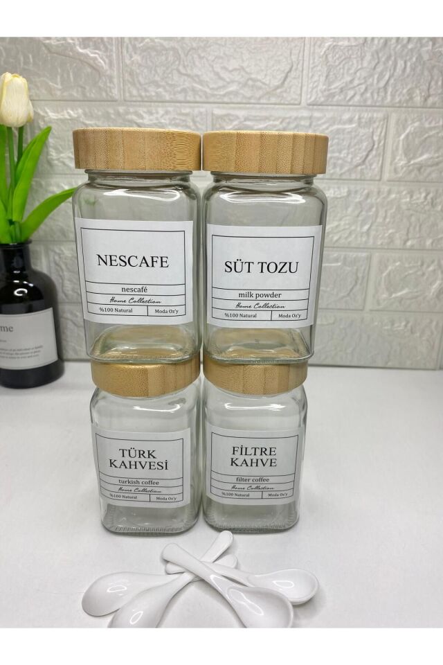 4'lü 500ml Bambu Kapaklı Nescafe/Süt Tozu/Türk Kahvesi/Filtre Kahve Kavanozu Kaşıklı Etiketli