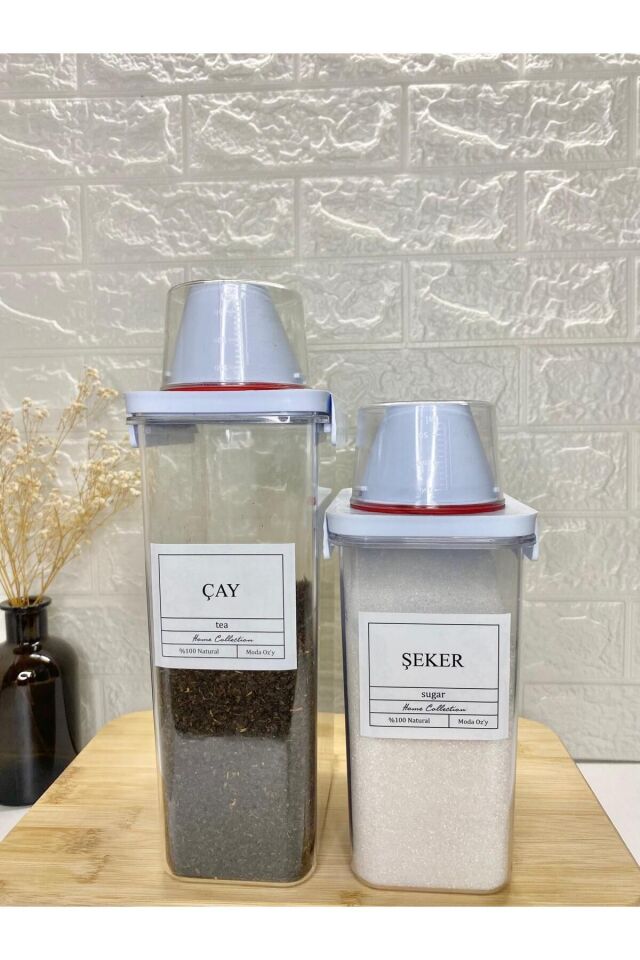 2'li Ölçü Kapaklı 2300/1800 ml Çay/şeker Saklama Kabı Vakumlu Akrilik Erzak Kabı