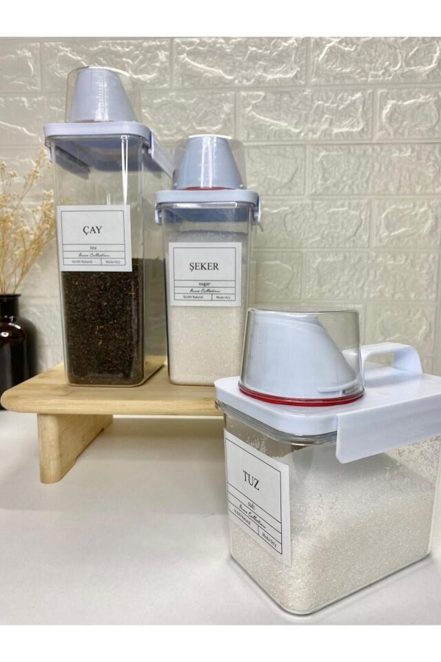 3lü Ölçü Kapaklı 2300/1800/1100 ml Çay/Şeker /Tuz  Saklama Kabı Vakumlu Akrilik Erzak Kabı