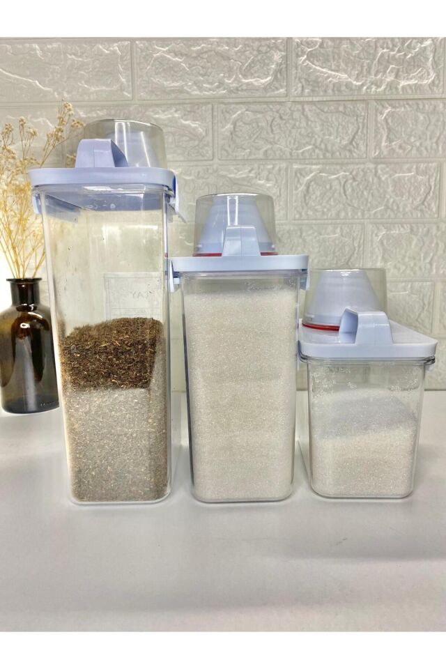 3lü Ölçü Kapaklı 2300/1800/1100 ml Çay/Şeker /Tuz  Saklama Kabı Vakumlu Akrilik Erzak Kabı