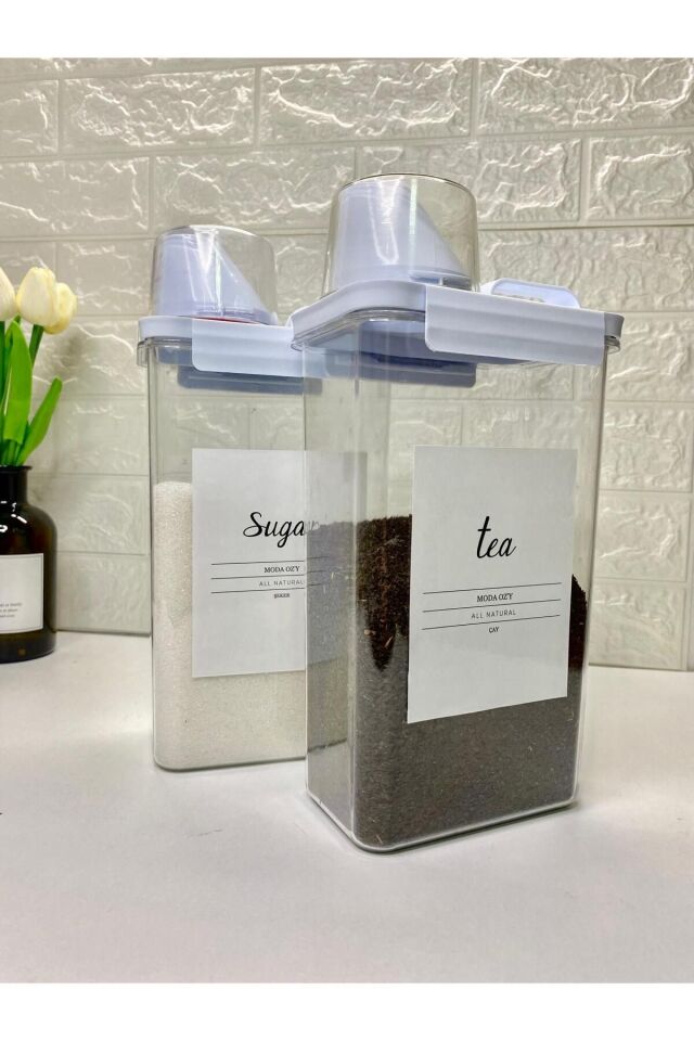 2'Li 2300ml Ölçü Kapaklı Çay/Şeker Akrilik Erzak Kabı Vakum Kapaklı Etiketli