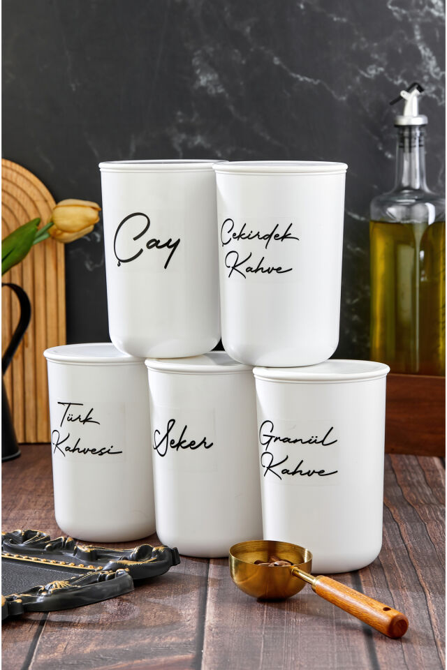 5'li Vakum Kapaklı Etiket Çay-Şeker-Kahve Akrilik (PLASTİK)Kavanoz 900ml Saklama Kabı