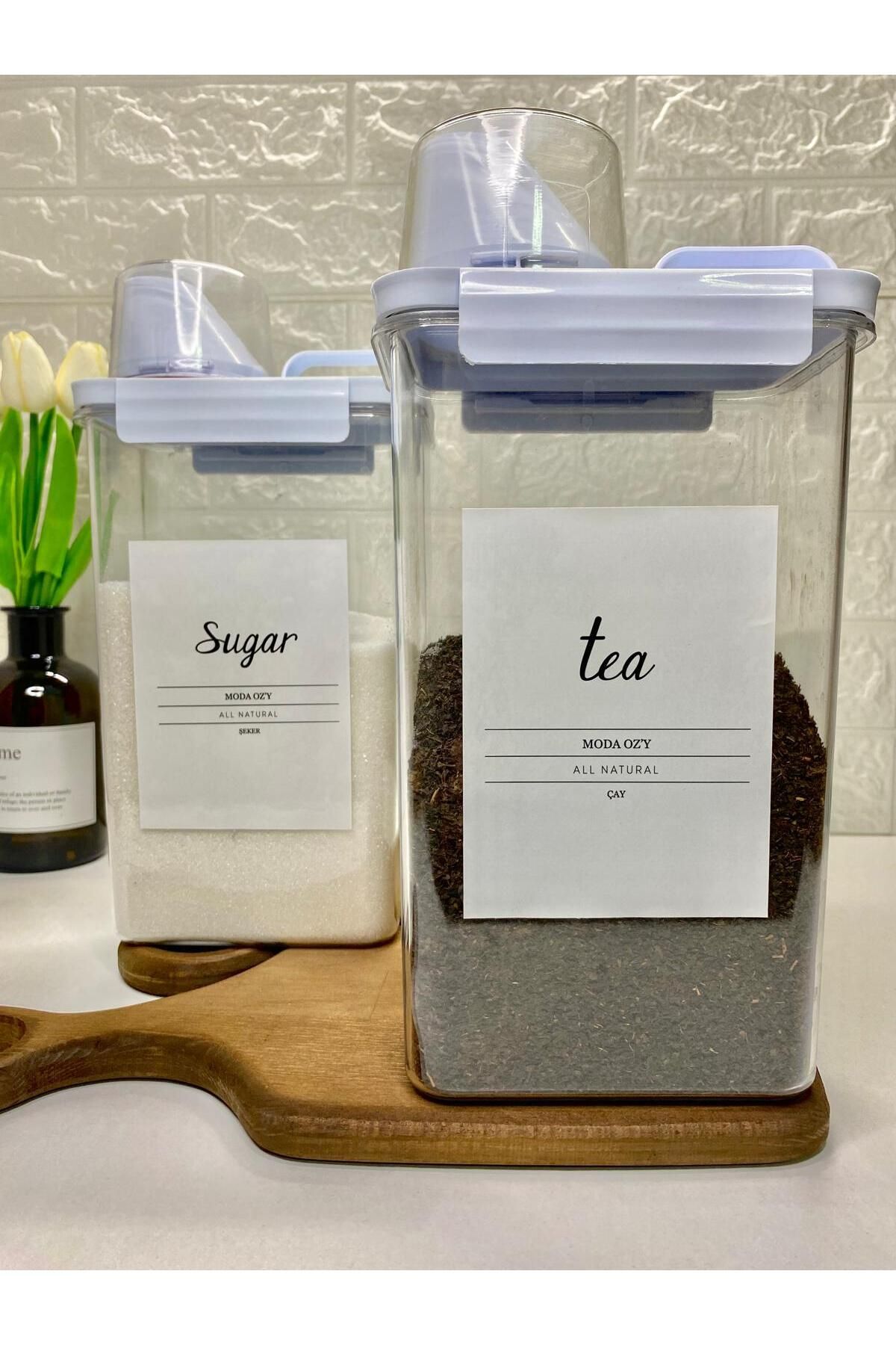 2'Li 2300ml Ölçü Kapaklı Çay/Şeker Akrilik Erzak Kabı Vakum Kapaklı Etiketli