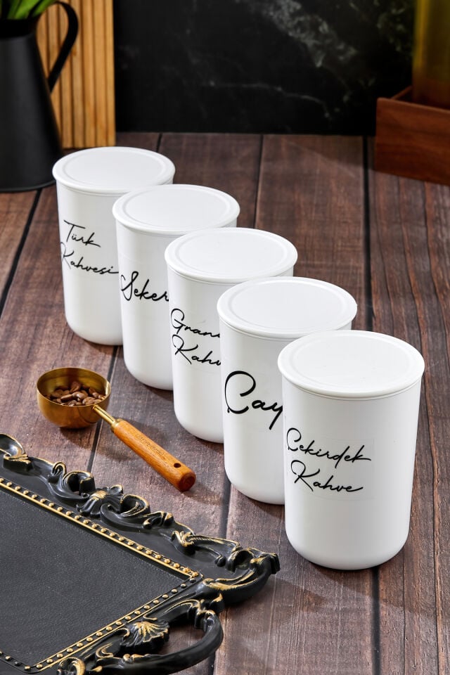5'li Vakum Kapaklı Etiket Çay-Şeker-Kahve Akrilik (PLASTİK)Kavanoz 900ml Saklama Kabı