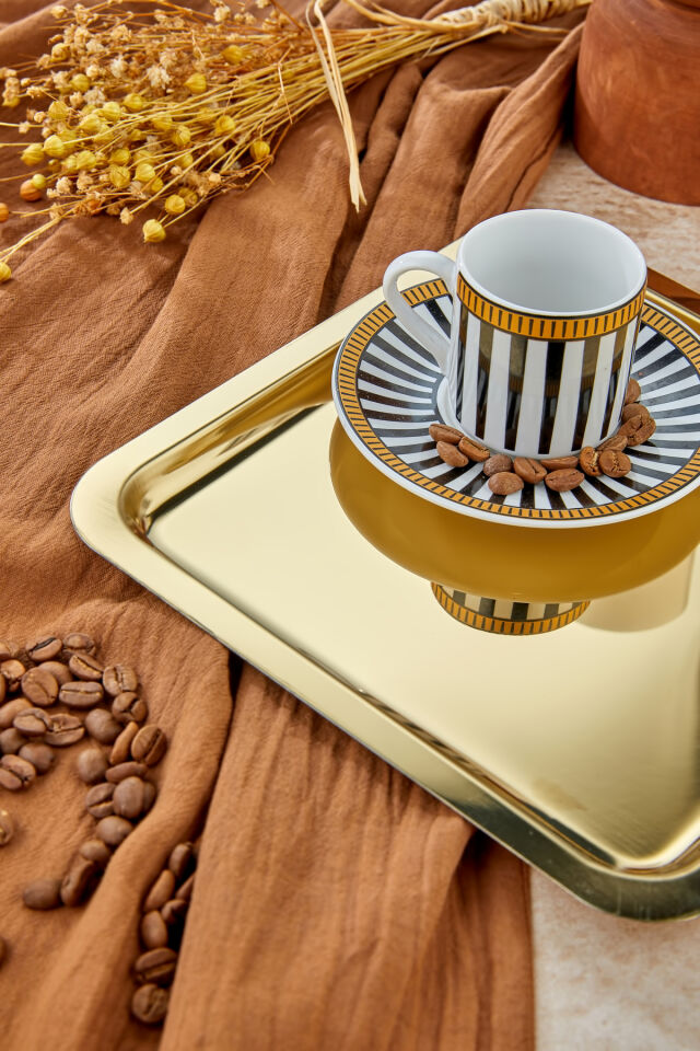 Gold Lüx Kare  Paslanmaz Çelik 4’lü Gold Kahve, Çay, Dekoratif Sunum Servis Tepsisi Gold
