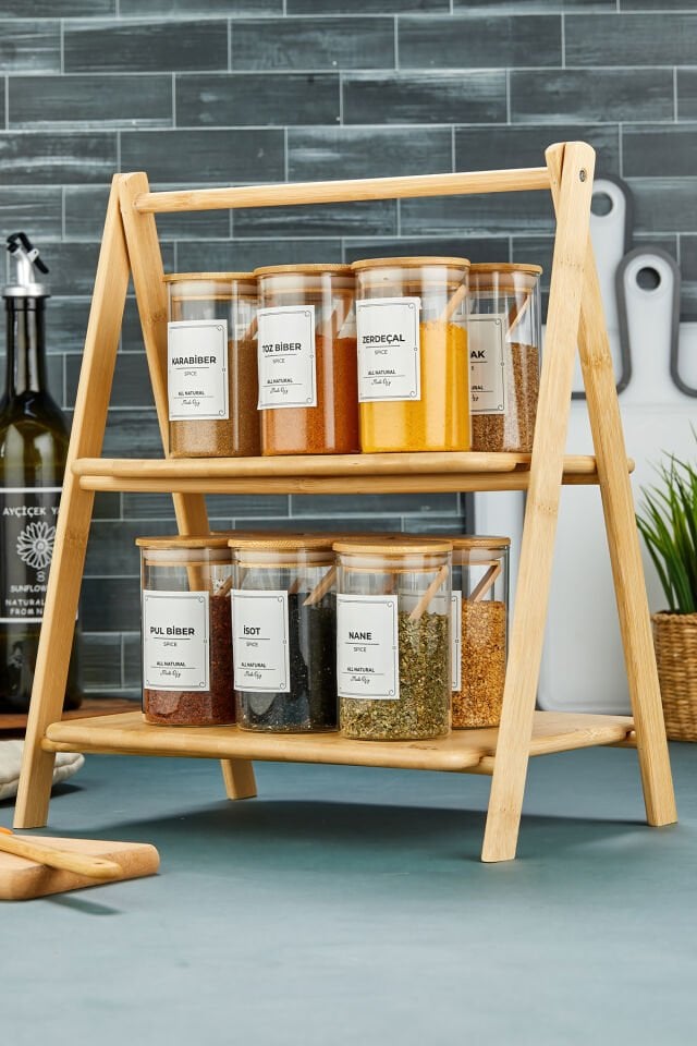 2 Katlı Açılıp Kapanabilen Bambu  Stant-Düzenleyici-Organizer-Sunum Tepsisi