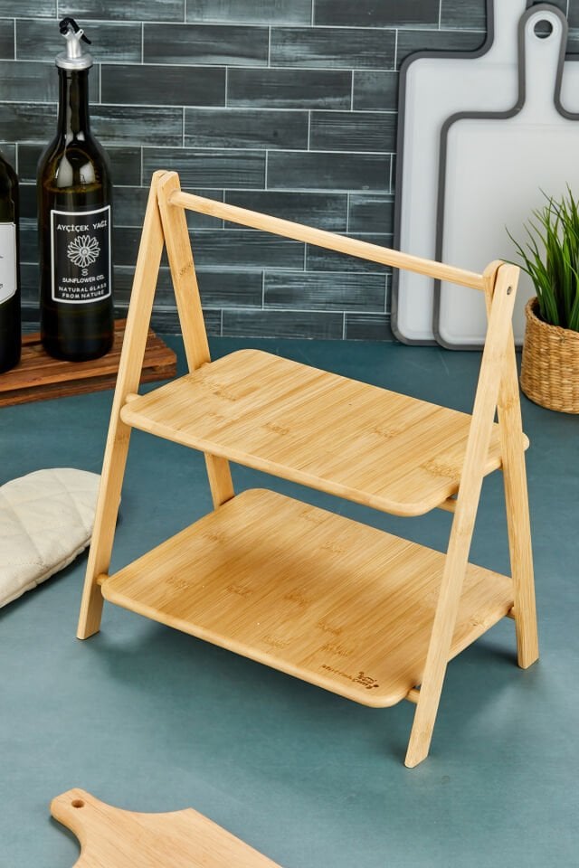 2 Katlı Açılıp Kapanabilen Bambu  Stant-Düzenleyici-Organizer-Sunum Tepsisi