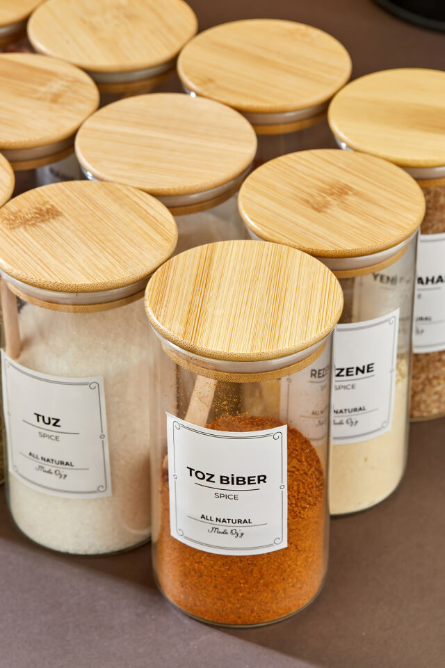 12'li Etiketli 300ml Bambu Vakum Kapaklı Borosilikat Cam Baharatlık Saklama Kabı Seti(Kaşık Dahil)