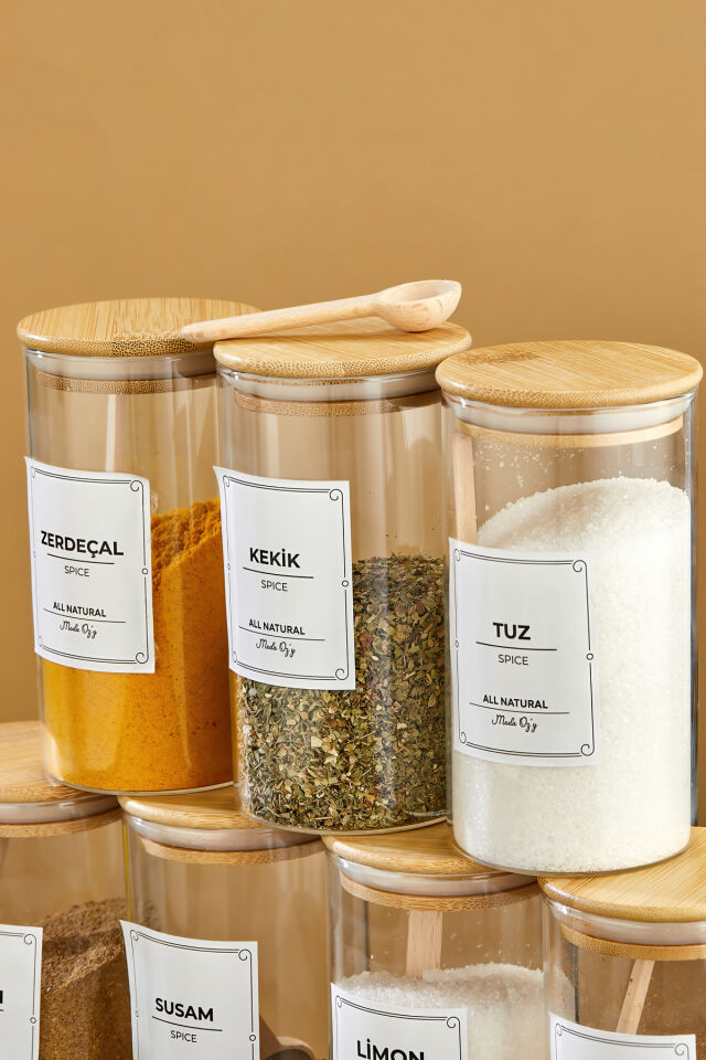 12'li Etiketli 300ml Bambu Vakum Kapaklı Borosilikat Cam Baharatlık Saklama Kabı Seti(Kaşık Dahil)