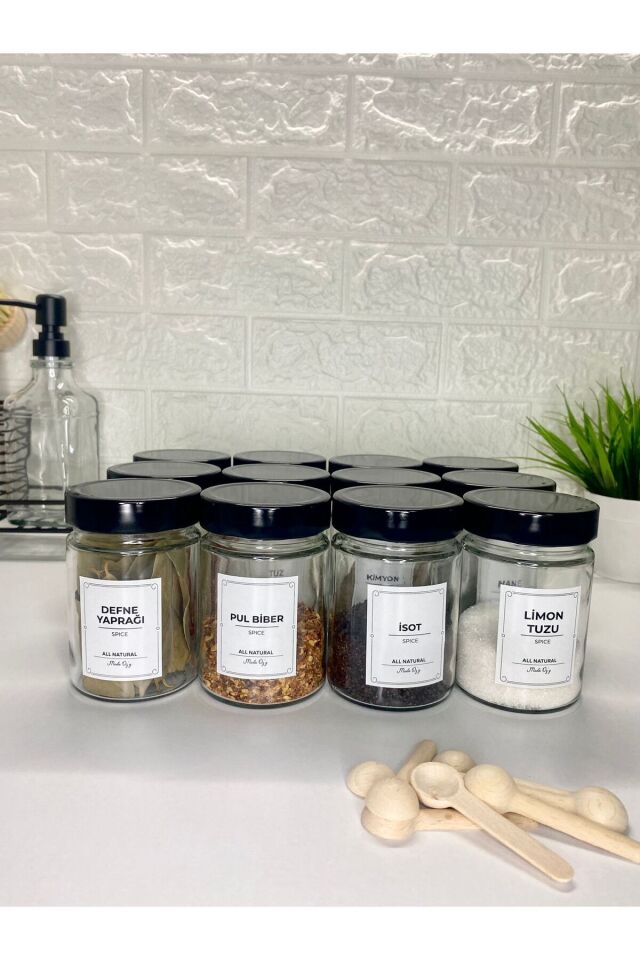 12'li Siyah Metal Kapaklı Etiketli Kaşıklı Baharat Saklama Kabı Cam Kavanoz 350ml