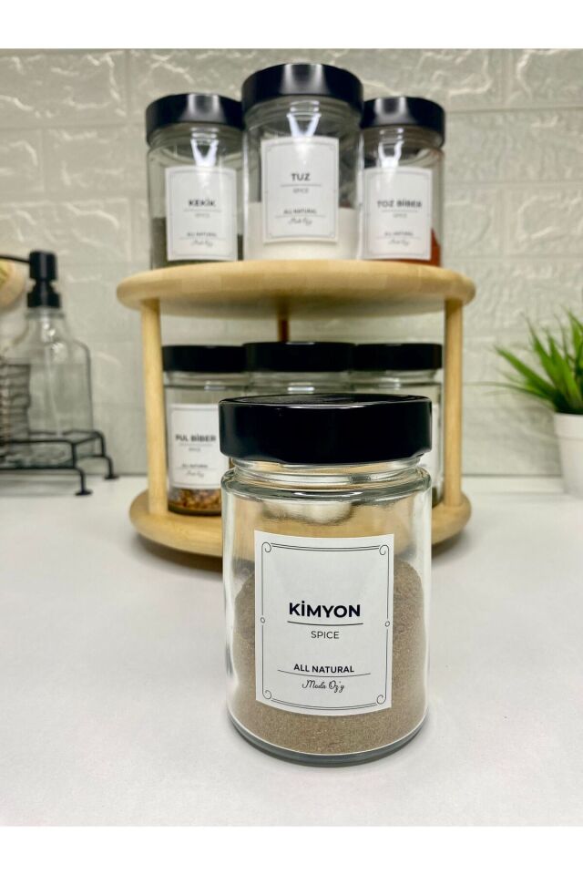 12'li Siyah Metal Kapaklı Etiketli Kaşıklı Baharat Saklama Kabı Cam Kavanoz 350ml