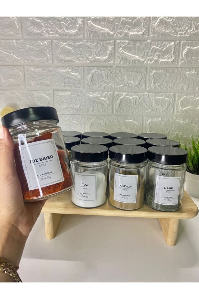 12'li Siyah Metal Kapaklı Etiketli Kaşıklı Baharat Saklama Kabı Cam Kavanoz 350ml
